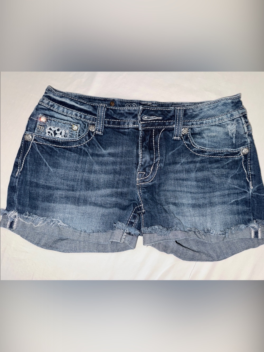 Y2K Miss Me Dark Indigo Embroidered Waist Denim Shorts
